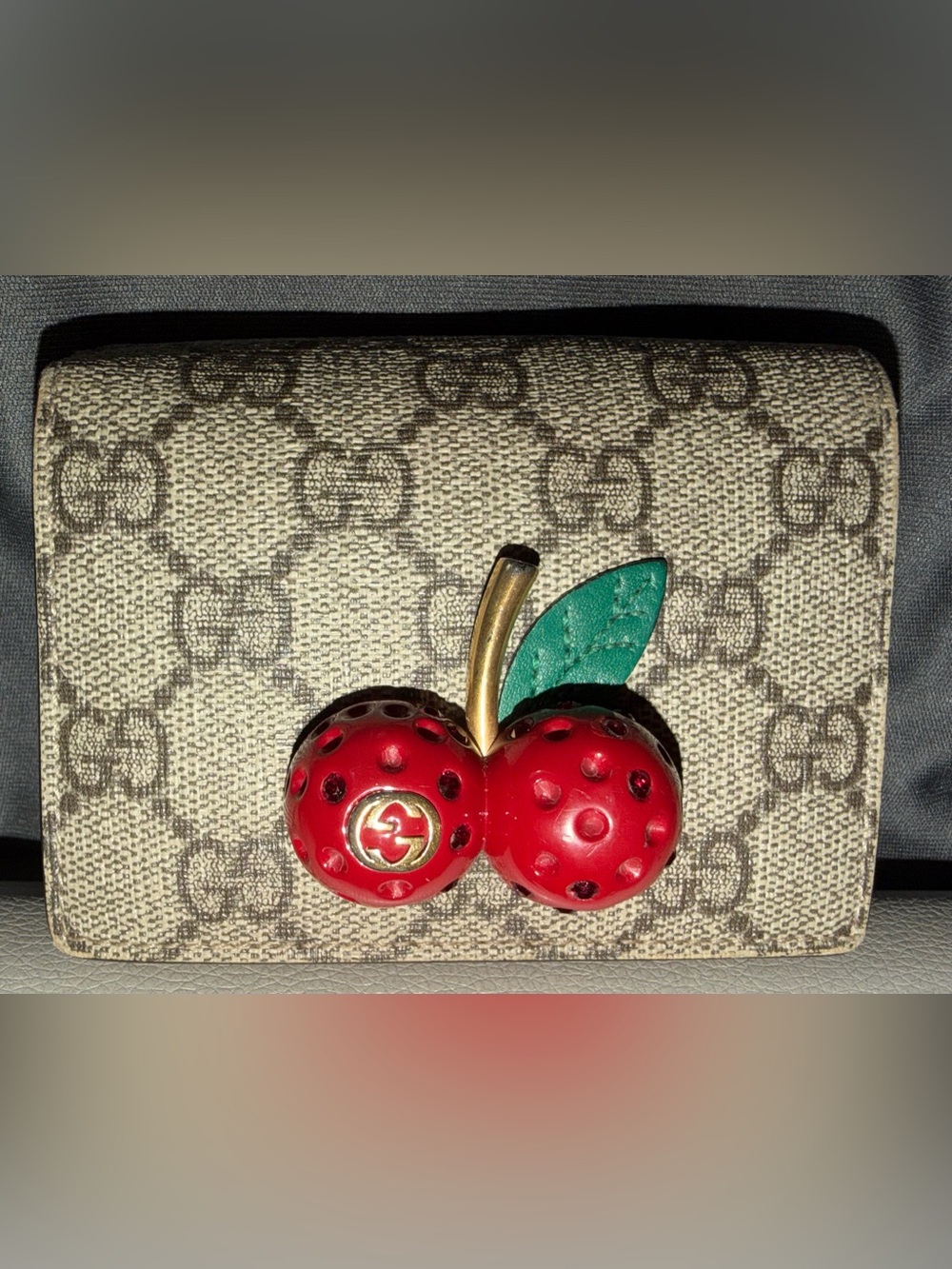 Gucci Beige GG Monogram Wallet Red Cherry Accent